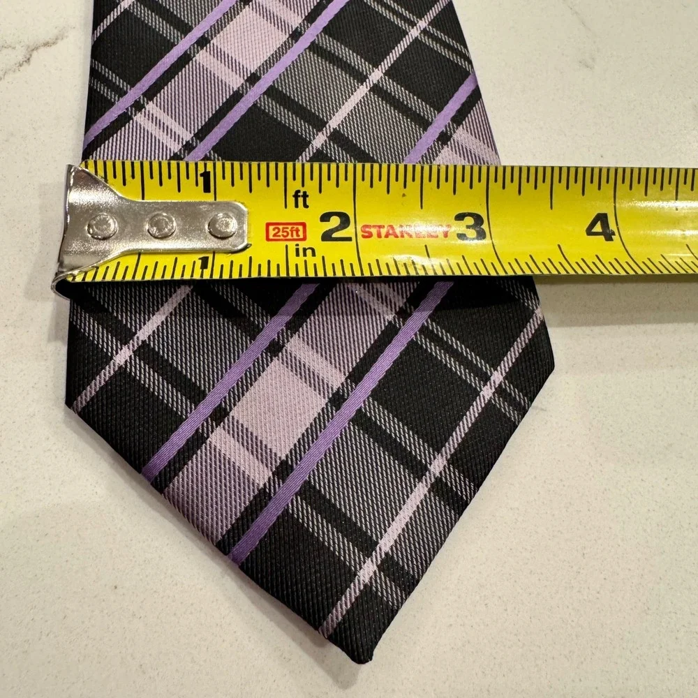 Bergamo New York Mens Plaid Necktie Purple Black Grey Hand Made Polyester Tie